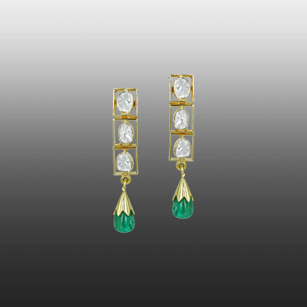 Linear Polki Diamond Earrings with Gold Frame and Emerald Drops